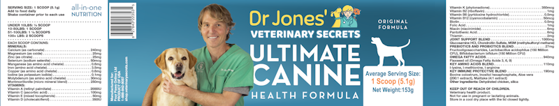 Dr. Jones' Ultimate Canine Health Formula label